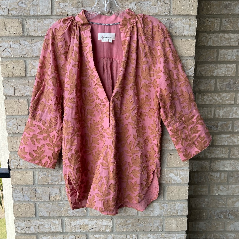Anthropologie Embroidered Leaves Pink Popover Blouse